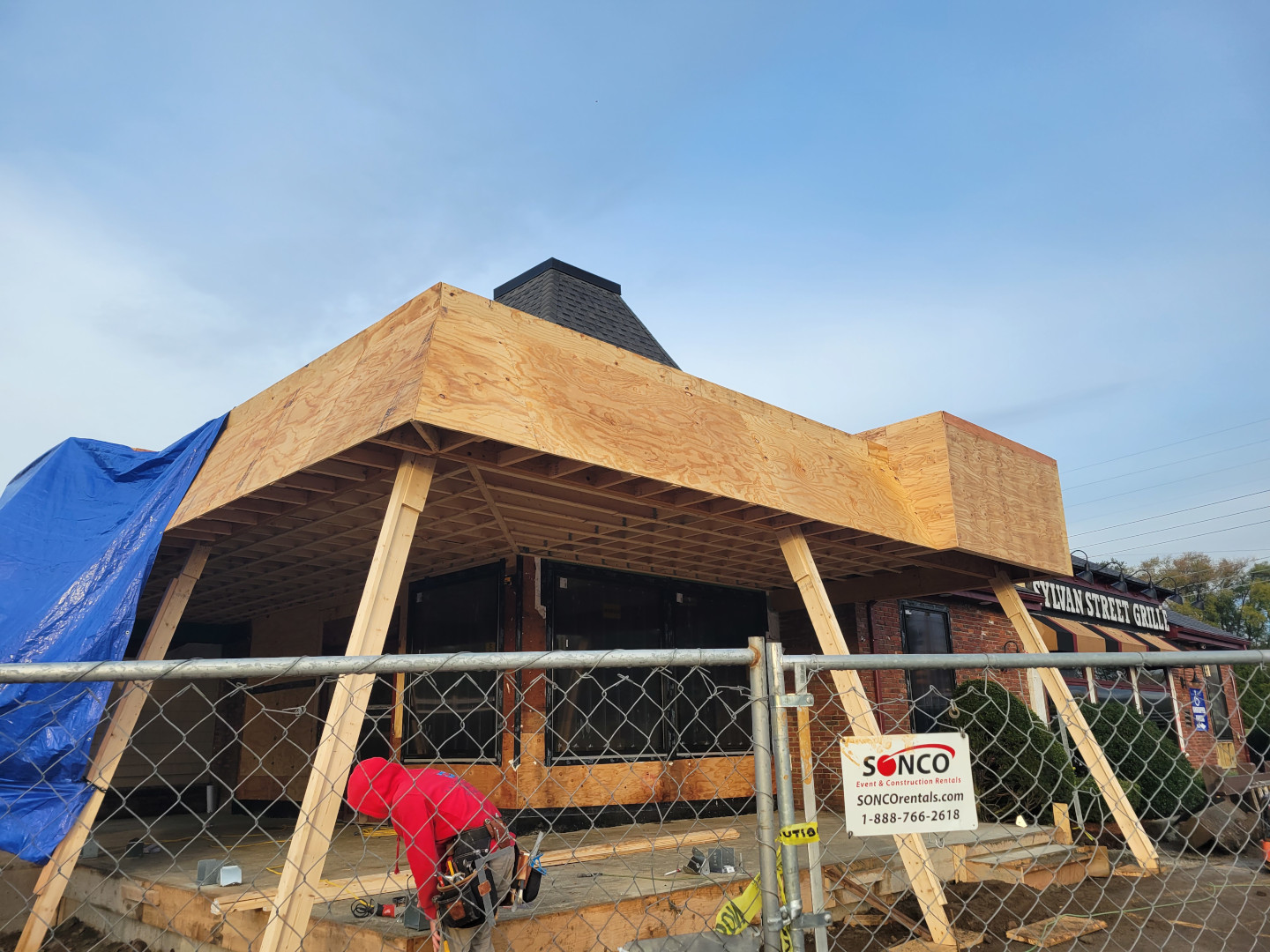 New entryway roof frame at the Sylvan Street Grille